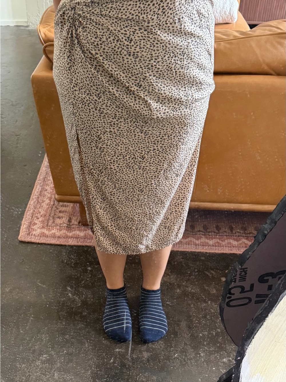 Beige Leopard Print Midi Skirt - Ruched Detail